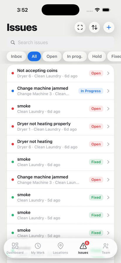 LaundroDesk Issues list filtered across open, in progress, and fixed